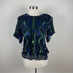 Jasmine Vintage Black Green Blue Sequin Cocktail Party Glam Blouse Top Small